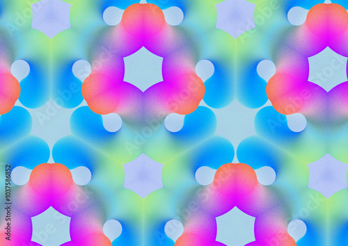 A vibrant abstract pattern featuring colorful shapes in shades of blue, pink, and green, creating a kaleidoscopic effect. Grainy noise effect