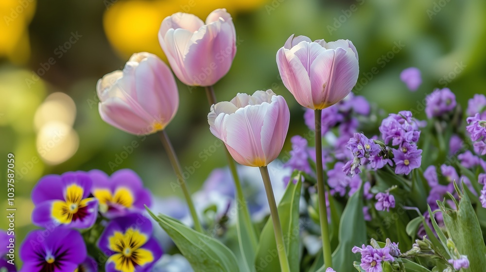 Soft Pink Tulips and Purple Pansies in Blooming Spring Garden, Vibrant Floral Display with Delicate Pastel Flowers, Fresh Springtime Scene in Nature Soft Pink Tulips and Purple Pansies in Blooming Spring Garden, Vibrant Floral Display with Delicate Pastel Flowers, Fresh Springtime Scene in Nature