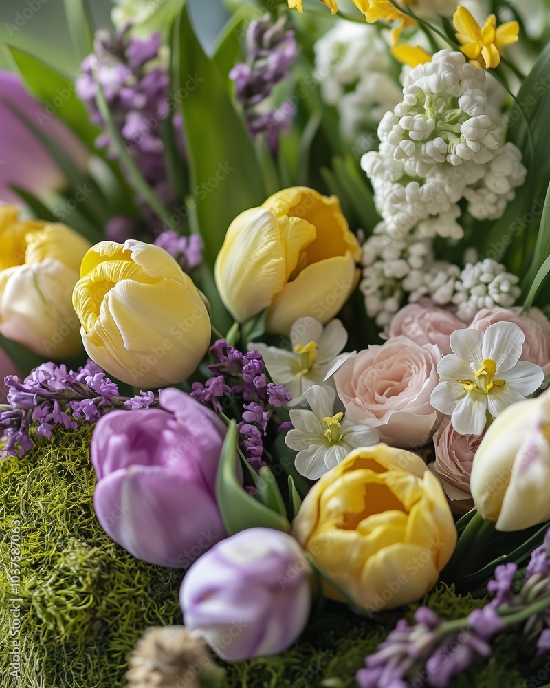 Fototapeta premium Spring Floral Bouquet with Yellow and Purple Tulips, White Hyacinths, and Delicate Roses, Vibrant Seasonal Flower Arrangement for Easter and Spring Celebrations