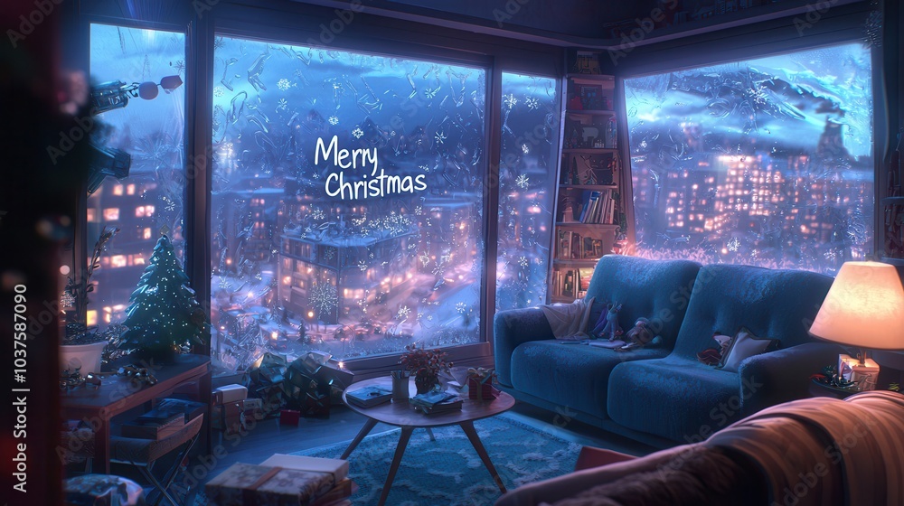 A cozy living room decorated for Christmas, featuring snowfall outside the window and a warm ambiance. A cozy living room decorated for Christmas, featuring snowfall outside the window and a warm ambiance.