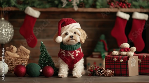 Festive holiday pet store display with christmas decorations and cute dog in sweater