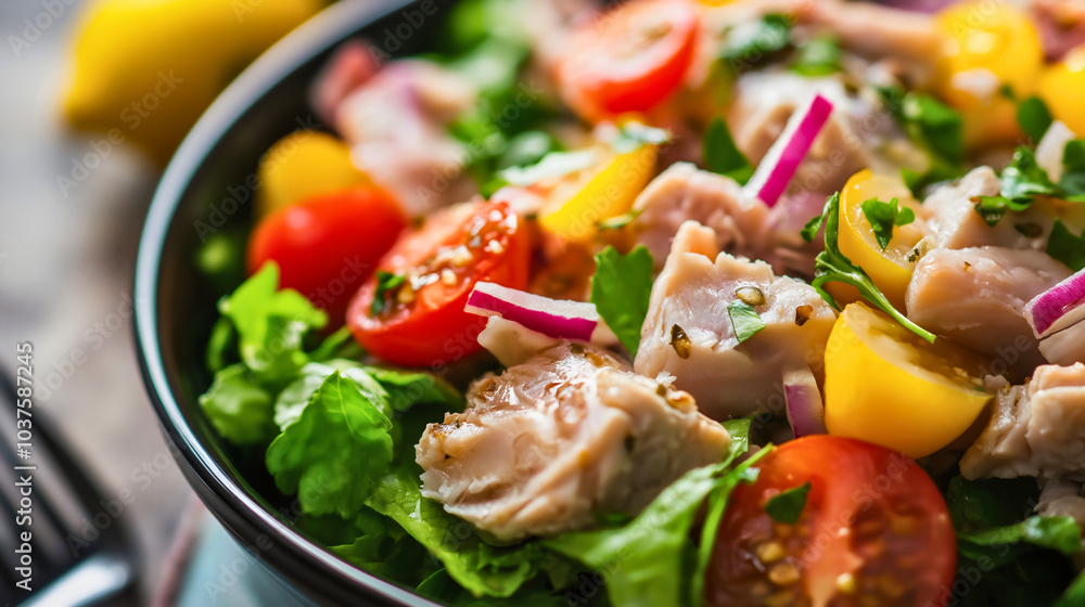 Tuna tops fresh salad, fish provides healthy protein with vegetable medley, lunch or dinner meal creates appetizer seafood experience Tuna tops fresh salad, fish provides healthy protein with vegetable medley, lunch or dinner meal creates appetizer seafood experience