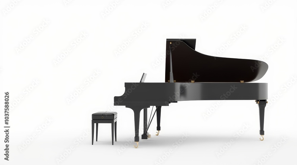 Elegant grand piano with a simple bench in a minimalist setting on a bright background Elegant grand piano with a simple bench in a minimalist setting on a bright background