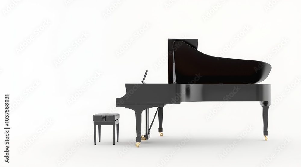 Elegant grand piano with a simple bench in a minimalist setting on a bright background Elegant grand piano with a simple bench in a minimalist setting on a bright background