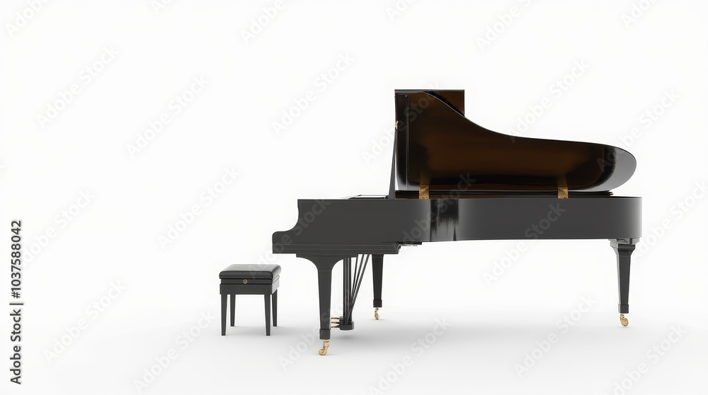 Elegant grand piano with a simple bench in a minimalist setting on a bright background Elegant grand piano with a simple bench in a minimalist setting on a bright background