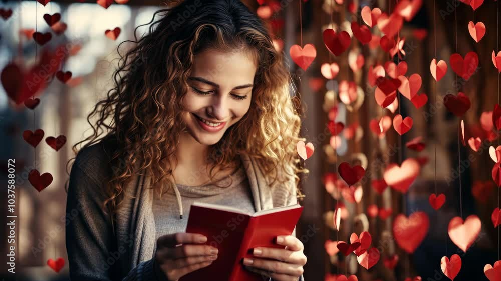 In a warm and inviting space, a smiling woman enjoys the pages of a heartfelt book, surrounded by charming red heart decorations that create a romantic atmosphere In a warm and inviting space, a smiling woman enjoys the pages of a heartfelt book, surrounded by charming red heart decorations that create a romantic atmosphere