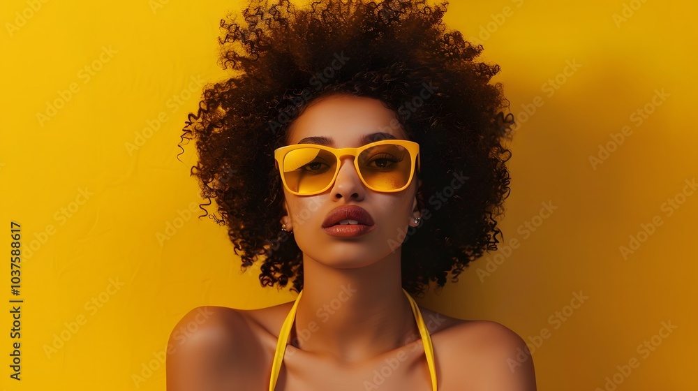 Fashion shooting young afro model in stylish sunglasses on yellow background Fashion shooting young afro model in stylish sunglasses on yellow background