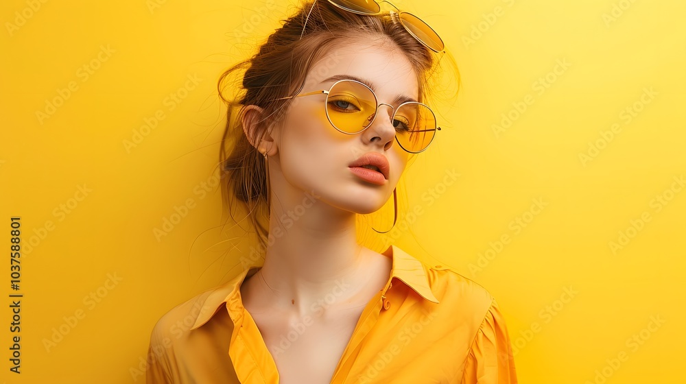 Fashion shooting young model in stylish summer look and sunglasses on yellow background Fashion shooting young model in stylish summer look and sunglasses on yellow background