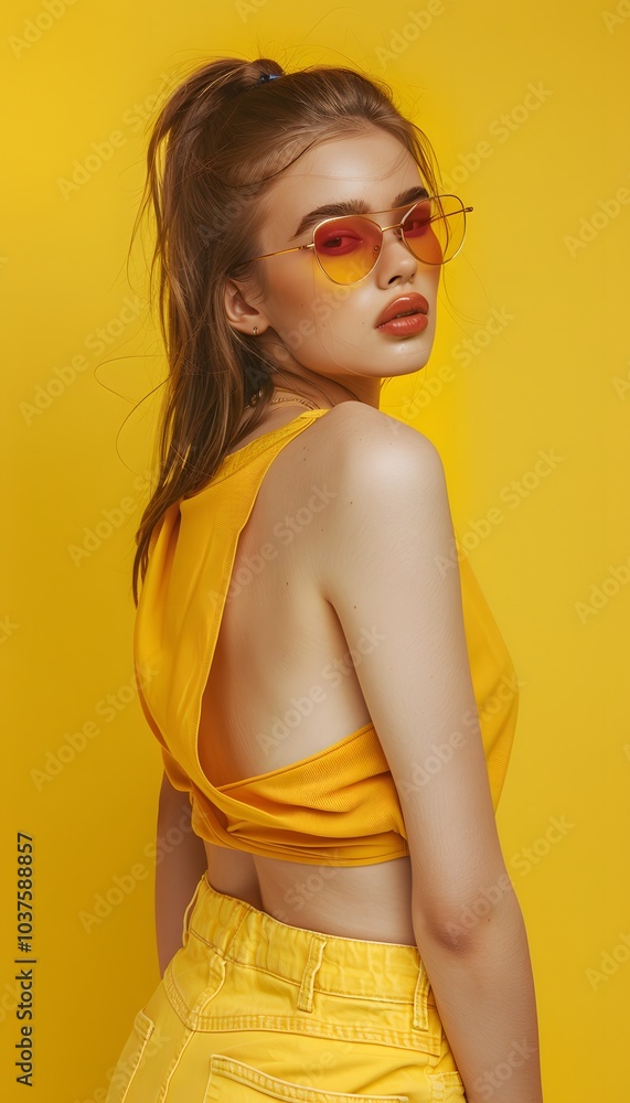 Fashion shooting young model in stylish summer look and sunglasses on yellow background Fashion shooting young model in stylish summer look and sunglasses on yellow background