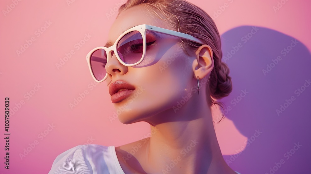 Fashion shooting young model in stylish sunglasses in a violet background Fashion shooting young model in stylish sunglasses in a violet background