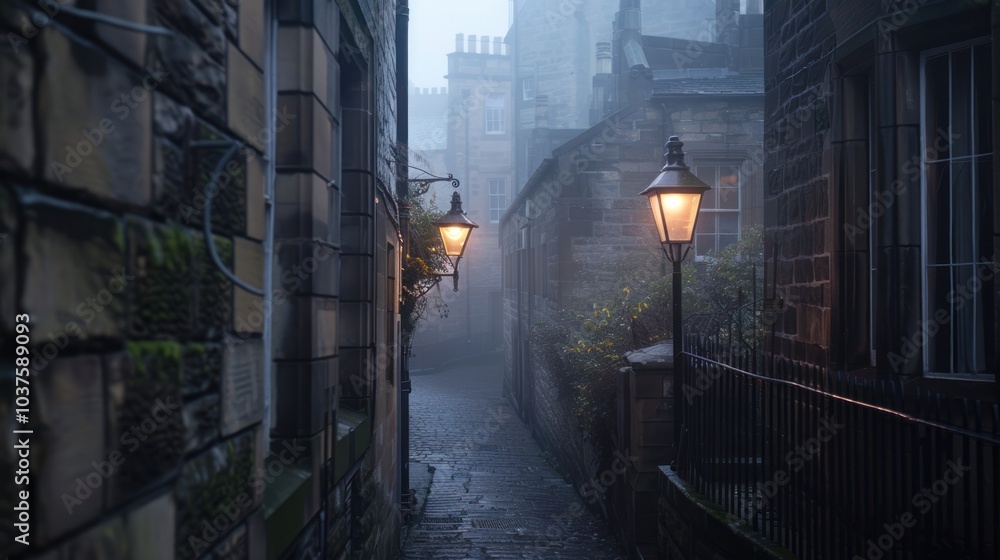 Foggy Alleyway with Lampposts Foggy Alleyway with Lampposts