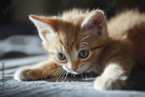 Cute little playful kitten cat playing having fun on ground, funny pet animal background.