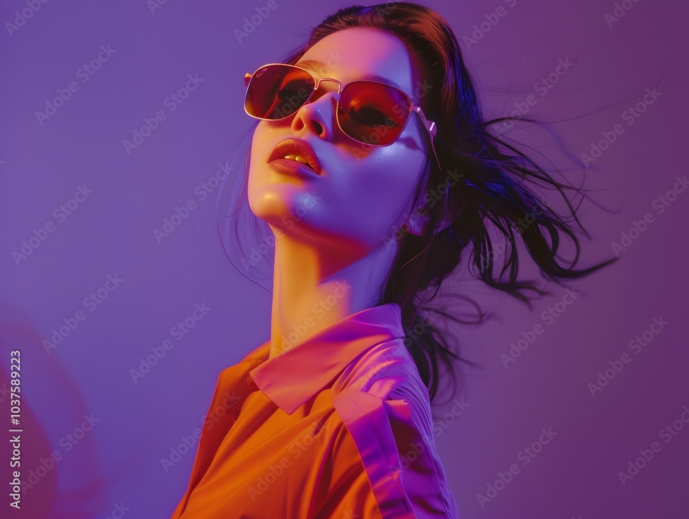 Fashion shooting young model in stylish sunglasses in a violet background Fashion shooting young model in stylish sunglasses in a violet background