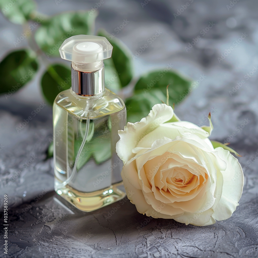 Luxury perfume bottle with white rose on textured background for beauty branding Luxury perfume bottle with white rose on textured background for beauty branding