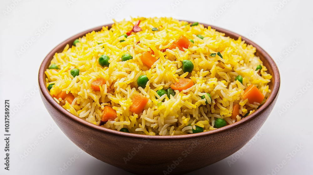 Yellow veg pulao bowl isolated on white background Yellow veg pulao bowl isolated on white background