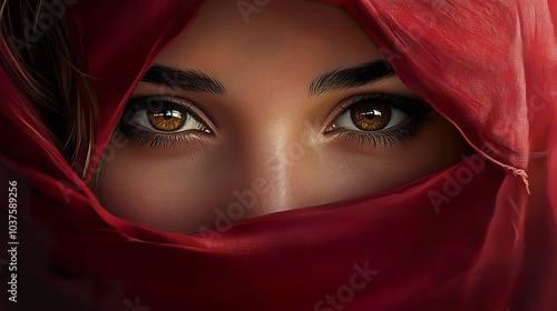 Close-up portrait of a woman's eyes peeking out from behind a red scarf.