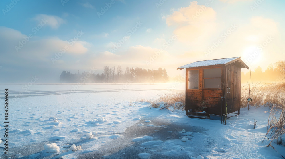 Detailed ice fishing shelter set up on a frozen lake with beautiful snowy landscape. Concept of winter outdoor activities, solitude in nature, and recreational fishing in cold climates Detailed ice fishing shelter set up on a frozen lake with beautiful snowy landscape. Concept of winter outdoor activities, solitude in nature, and recreational fishing in cold climates
