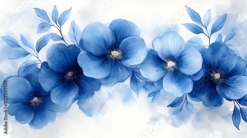 A watercolor illustration of blue flowers with soft leaves, creating a serene, artistic ambiance.