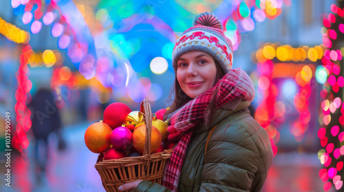 Smiling Caucasian Woman Enjoying Festive Street with Holiday Lights Holding Basket of Christmas Ornaments. Concept of Holiday Cheer, Festive Street Markets, Joyful Winter Celebrations