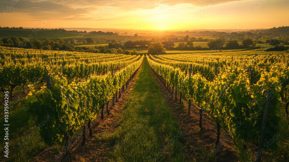 Fototapeta premium Lush vineyard at sunrise: scenic view of rows of grapevines in morning light