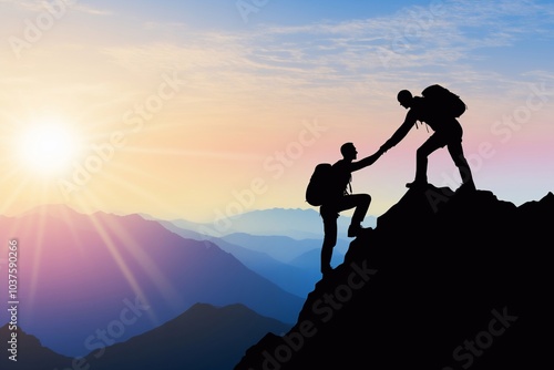 Climbers Helping Each Other at Sunrise on Mountain Peak. Generative ai