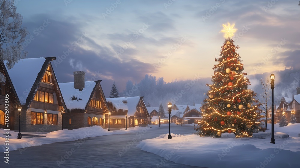 Idyllic Winter Village at Dusk with Decorated Christmas Tree. Generative ai Idyllic Winter Village at Dusk with Decorated Christmas Tree. Generative ai