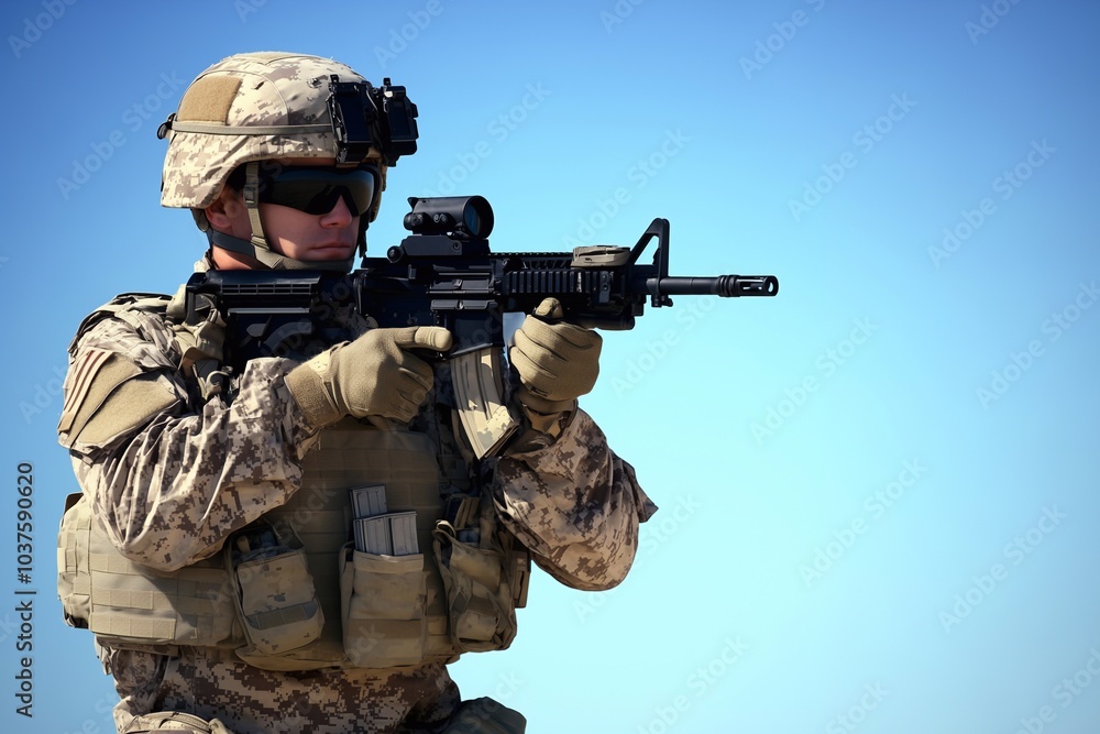 Fototapeta premium Military Soldier Aiming Rifle Under Clear Blue Sky. Generative ai