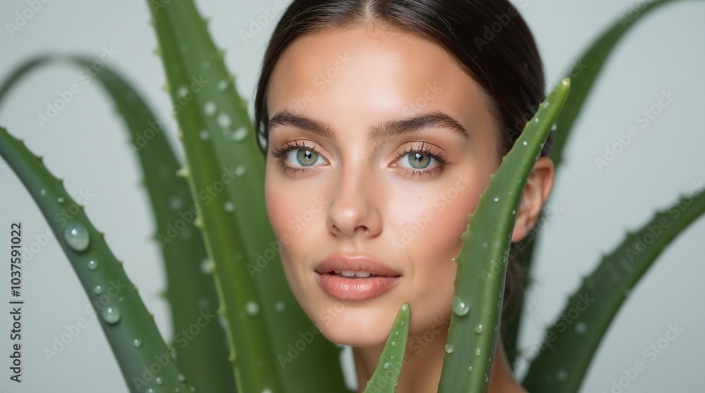 Close-up portrait of a woman with natural beauty, surrounded by vibrant green aloe vera leaves, exuding tranquility and harmony with nature.
Close-up portrait of a woman with natural beauty, surrounded by vibrant green aloe vera leaves, exuding tranquility and harmony with nature.