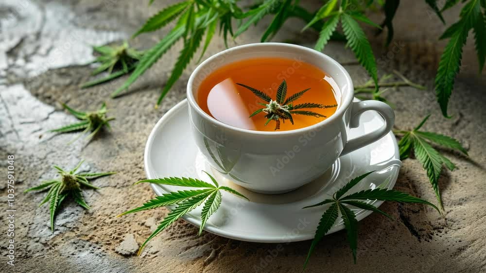 Experience the soothing blend of herbal tea infused with cannabis leaves, served on a rustic table surrounded by nature's greenery, creating a tranquil atmosphere Experience the soothing blend of herbal tea infused with cannabis leaves, served on a rustic table surrounded by nature's greenery, creating a tranquil atmosphere