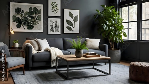 Industrial-chic living room featuring a customizable art frame, deep gray sofa, textured throw pillows, minimalist coffee table, and greenery for a refreshing look. photo