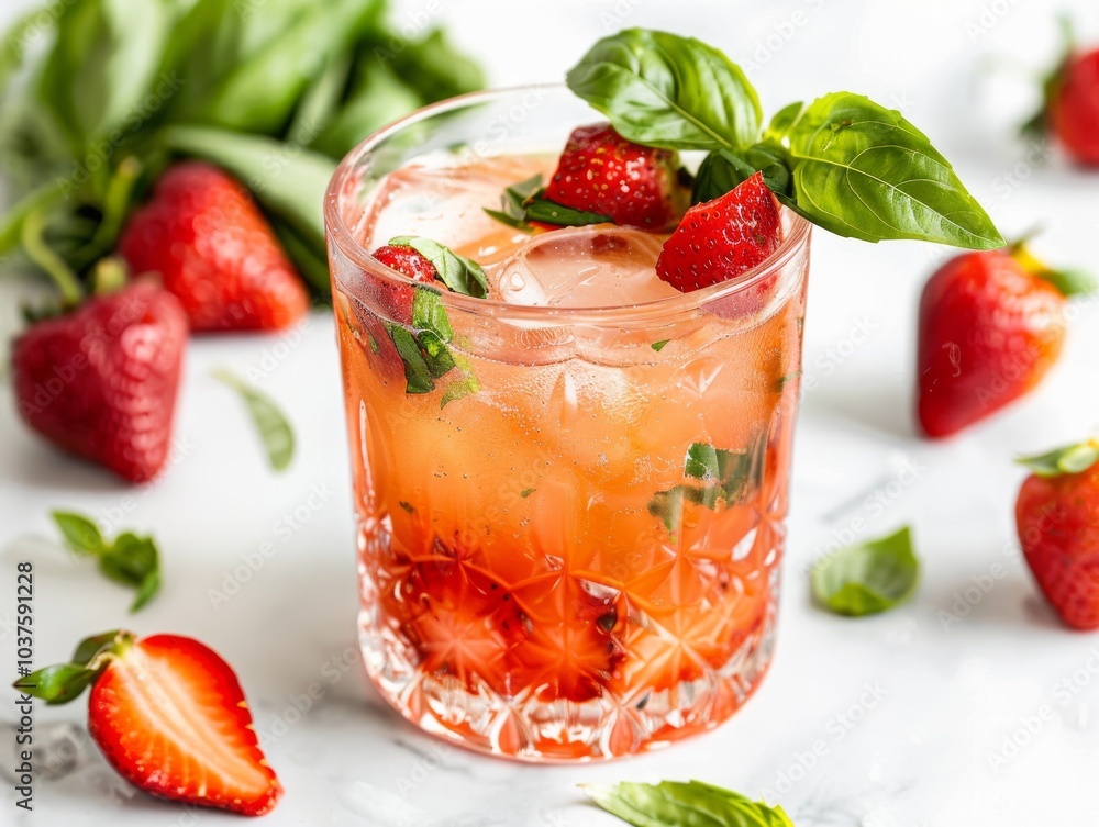 A glass of strawberry basil smash with fresh strawberries and basil on a white background A glass of strawberry basil smash with fresh strawberries and basil on a white background