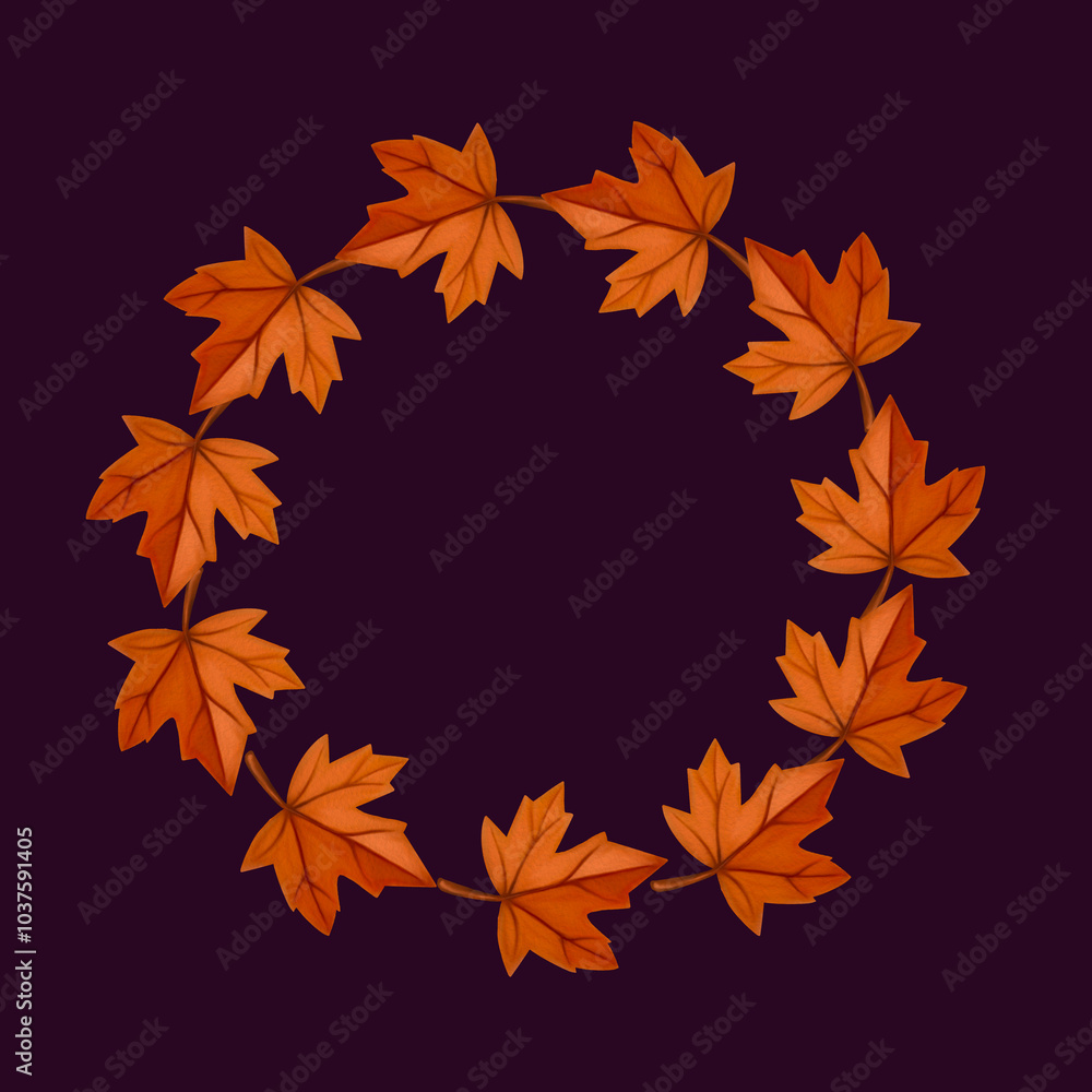 Fototapeta premium Golden Autumn Harvest Wreath: A Delicate Mix of Leaves, Flowers, and Acorns Celebrating Fall's Beauty - Perfect for Prints, Greeting Cards, Gift Wrap, and Fabric Patterns