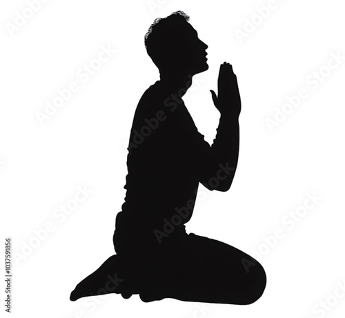 Young man praying in silhouette, kneeling figure isolated with christian faith, shadow in side view shows belief, spiritual peace at prayer photo