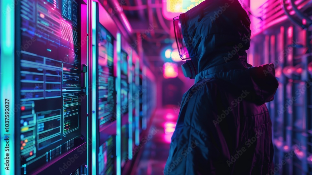 Advanced hacker in a neon-lit underground base Advanced hacker in a neon-lit underground base