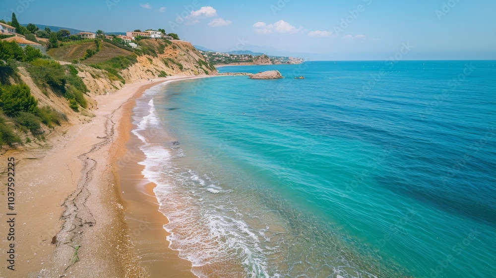 Aerial view of a beautiful summer seascape. The crystal-clear sea sparkles under the sun, waves splashing on a sandy beach. A perfect scene Aerial view of a beautiful summer seascape. The crystal-clear sea sparkles under the sun, waves splashing on a sandy beach. A perfect scene