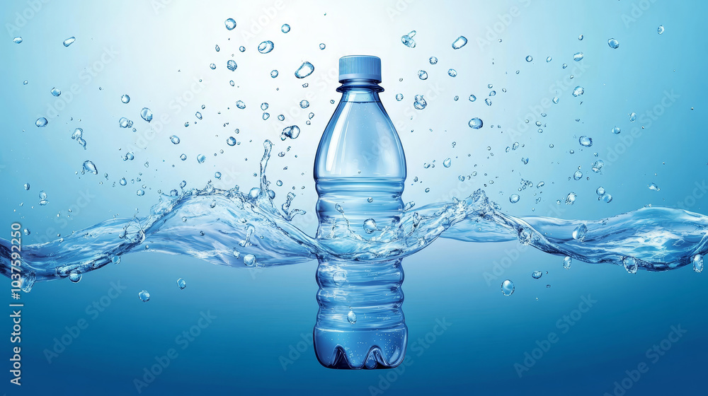 Mineral water. Falling glass bottle. A plastic bottle in the middle and flying splashes and drops of water around. Mineral water. Falling glass bottle. A plastic bottle in the middle and flying splashes and drops of water around.