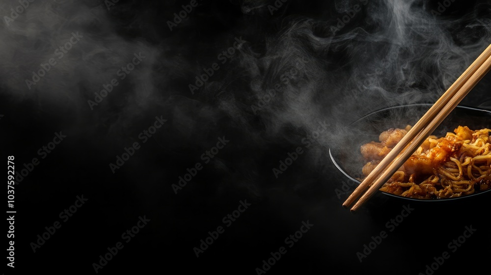 Noodles and chopsticks surrounded by smoke on a dark background with a clipping path Noodles and chopsticks surrounded by smoke on a dark background with a clipping path
