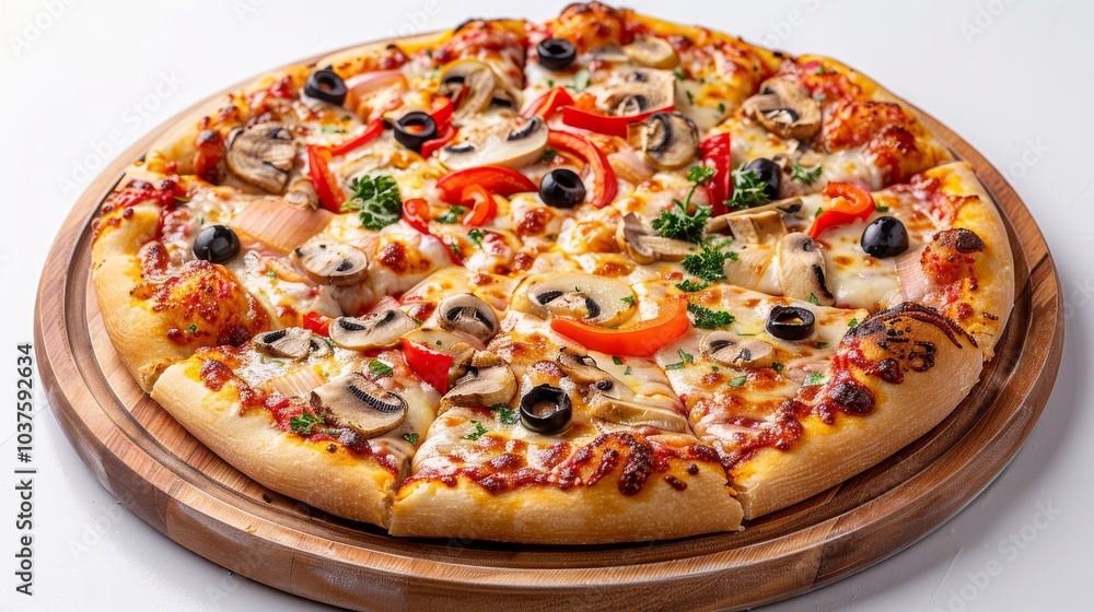 Classic pizza with a variety of fresh toppings like mushrooms and olives, served on a wooden board isolated on a white background Classic pizza with a variety of fresh toppings like mushrooms and olives, served on a wooden board isolated on a white background