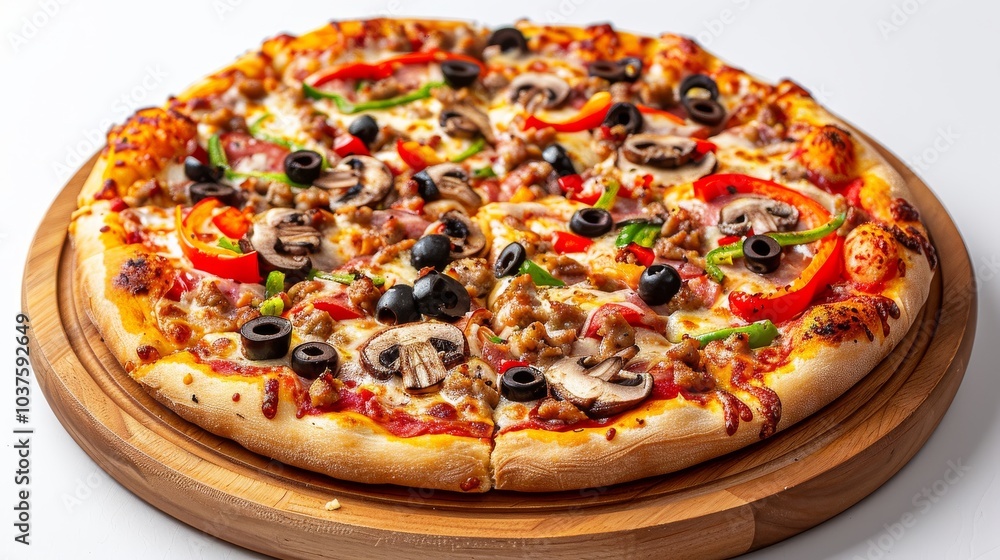 Classic pizza with a variety of fresh toppings like mushrooms and olives, served on a wooden board isolated on a white background Classic pizza with a variety of fresh toppings like mushrooms and olives, served on a wooden board isolated on a white background