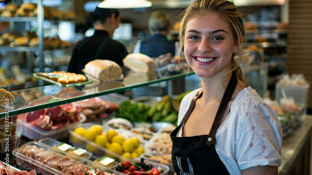 Amidst the vibrant atmosphere of a bustling market, a smiling woman joyfully engages with customers while showcasing fresh produce and delicious treats Amidst the vibrant atmosphere of a bustling market, a smiling woman joyfully engages with customers while showcasing fresh produce and delicious treats