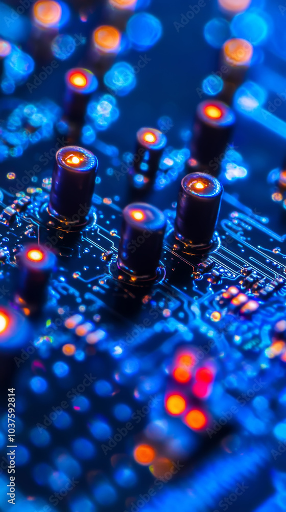 Fototapeta premium Futuristic technology concept: illuminated ai circuit paths in vertical macro view