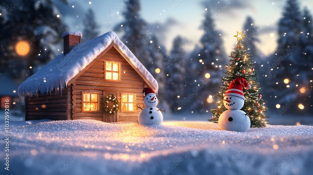 A Cozy Cabin, Christmas Tree, and Two Snowmen in a Snowy Forest A Cozy Cabin, Christmas Tree, and Two Snowmen in a Snowy Forest