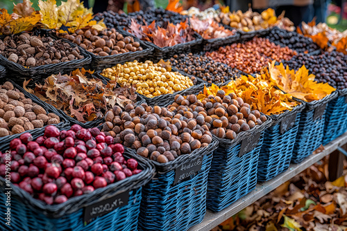 A table full of colorful autumn leaves and acorns at a craft fair, inspiring visitors to create fall-themed art. Concept of nature.