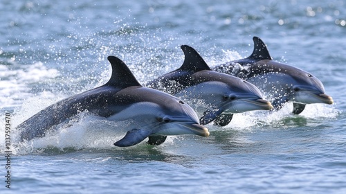 Three Dolphins Jumping in the Ocean