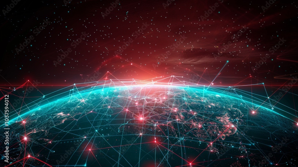 Earth surrounded by digital nodes and data streams showing global networks and blockchain technology Earth surrounded by digital nodes and data streams showing global networks and blockchain technology