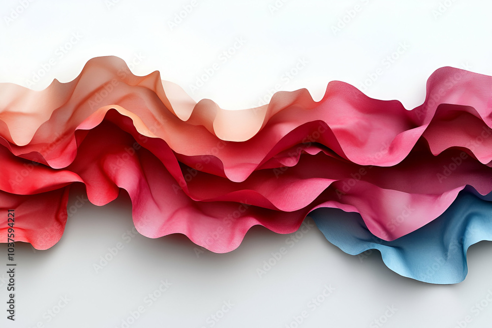 Fototapeta premium A vibrant, wavy fabric in gradient hues of pink and blue, creating a dynamic, textured visual effect against a plain background.