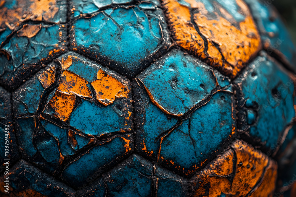 A close-up of a textured, weathered soccer ball, featuring vibrant turquoise and rusty orange colors with visible cracks and hexagonal patterns. A close-up of a textured, weathered soccer ball, featuring vibrant turquoise and rusty orange colors with visible cracks and hexagonal patterns.