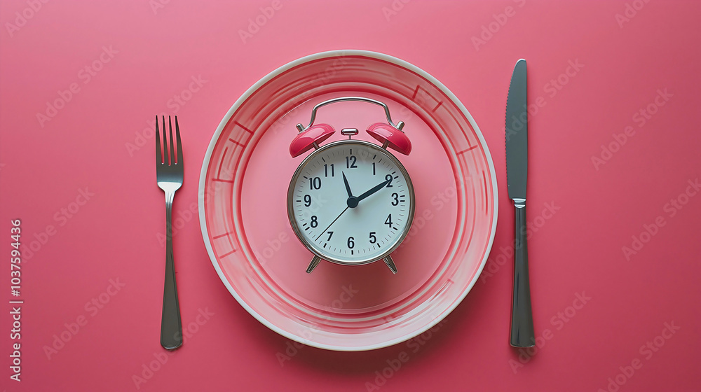 Empty plate with clock alarm, time to eat with intermittent fasting schedule, top view of breakfast and dinner times, diet plan display Empty plate with clock alarm, time to eat with intermittent fasting schedule, top view of breakfast and dinner times, diet plan display