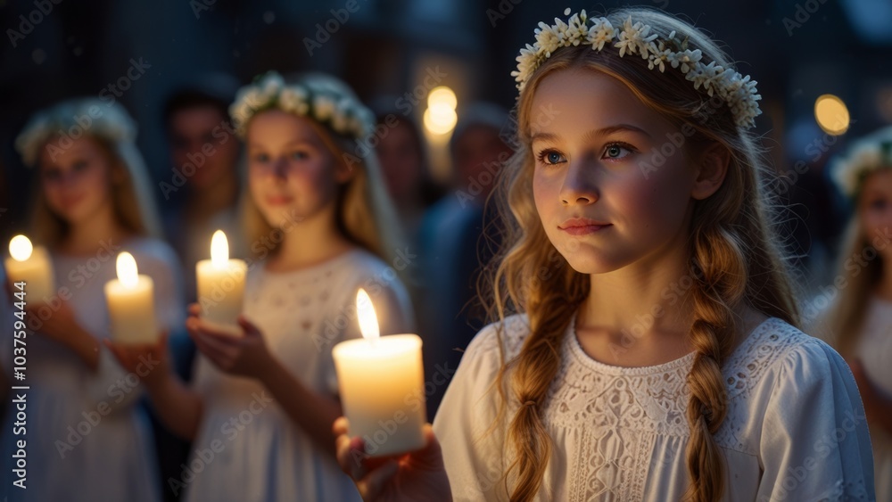 Swedish girls celebrating Saint Lucia Day in white gowns with candle crowns Swedish girls celebrating Saint Lucia Day in white gowns with candle crowns