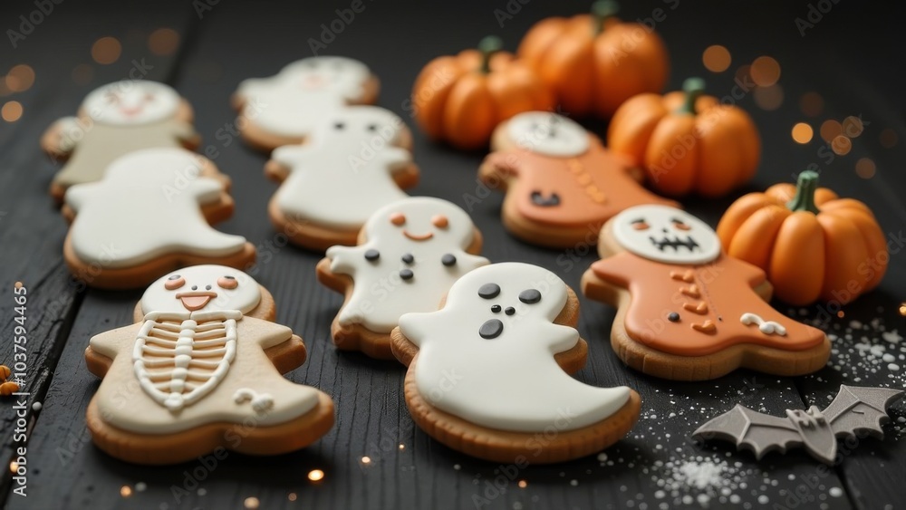 Halloween cookies in the form of pumpkins, ghosts, skeletons, bats on a black wooden table, handmade Halloween cookies in the form of pumpkins, ghosts, skeletons, bats on a black wooden table, handmade